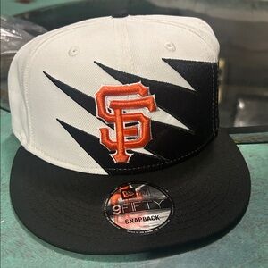 New Era White and Black Snapback Hat with Orange Logo